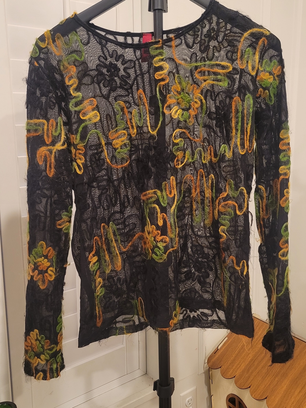 Black Sheer Long Sleeve Floral Embroidered Top